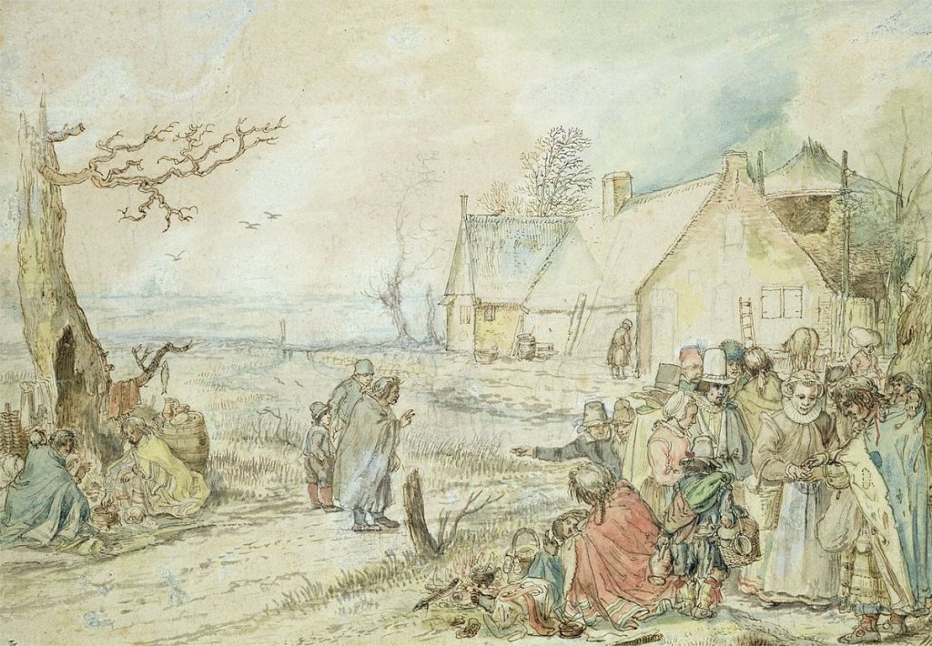 A crowd of well-dressed people stand one side of a road. A man in a ragged blue cape stands in the middle of the road and is talking to them. On the far side of the road, under a ruined tree, two women cook around a campfire - fish are drying on a branch. In the background, a partially-constructed house.